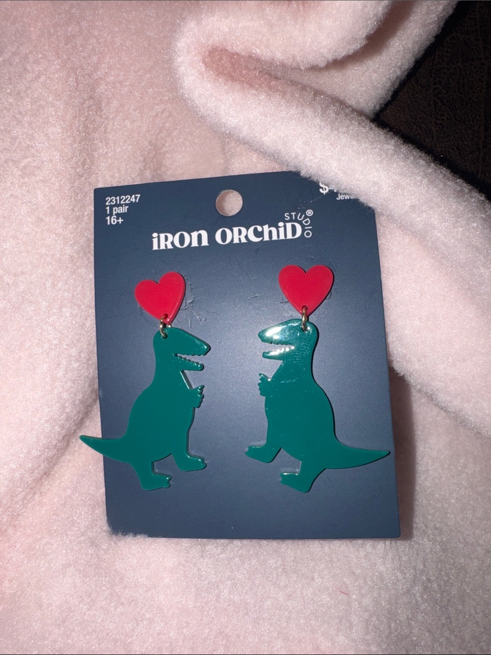 Green Dinosaur Heart Drop Earrings